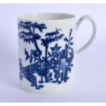 18th c. Worcester mug decorated in blue with Bamboo, Fence and rocks, verso with swimming duck and a