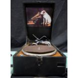 A Masters voice boxed gramophone and ten 78's records 41 x 16 cm.
