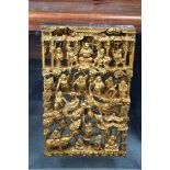 A LARGE 19TH CENTURY CHINESE CARVED WOOD TEMPLE PANEL Qing, depicting the eighteen luohans. Wood 62