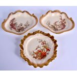Royal Worcester plate and two shell dishes painted with fruits and leaves in prismatic enamels date