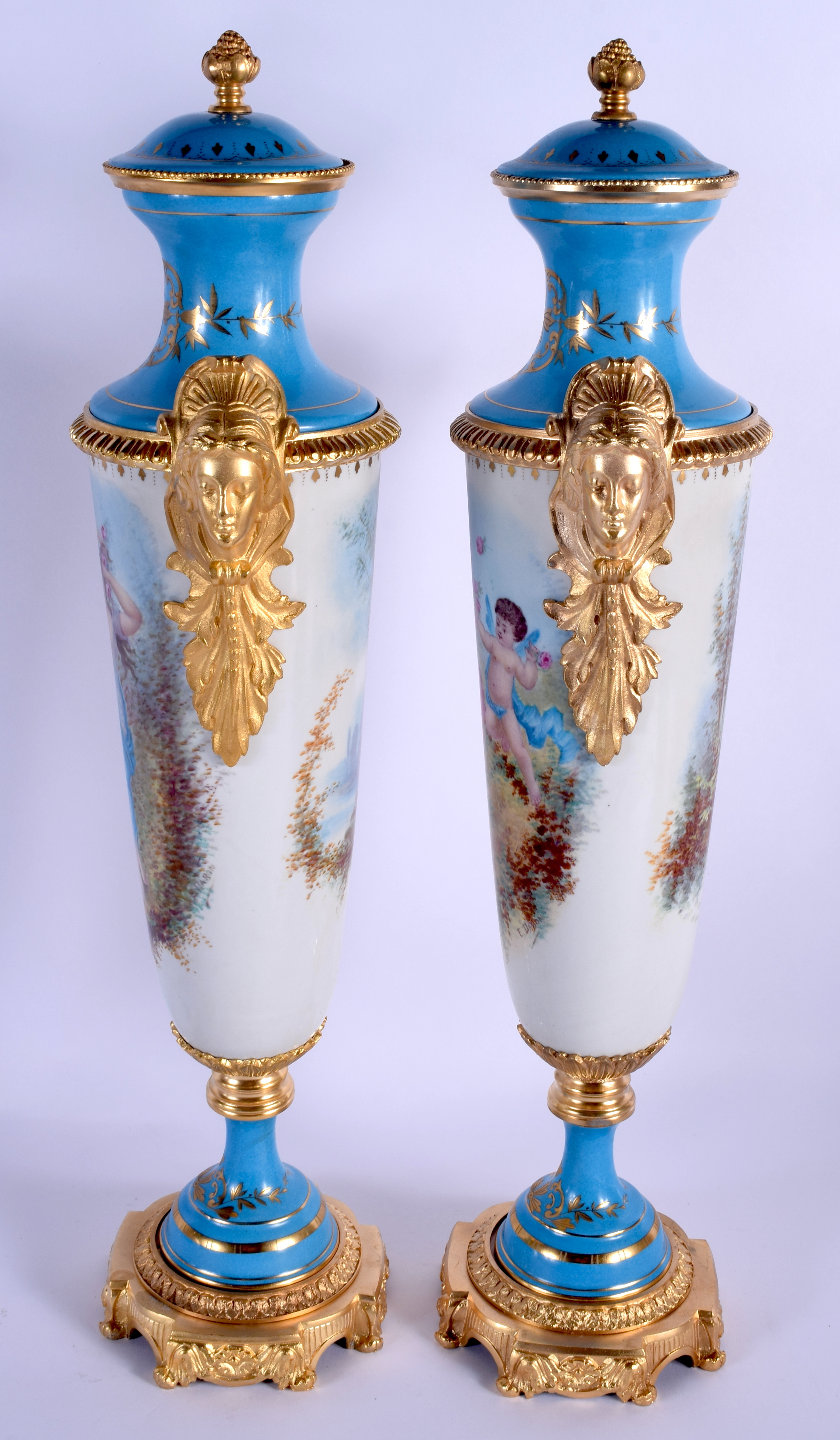 A LARGE PAIR OF CONTINENTAL SEVRES STYLE PORCELAIN VASES AND COVERS painted with figures within land - Image 2 of 5