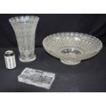 A huge cut glass centre bowl together with a vase and a dish/ashtray 40 x 17 cm.