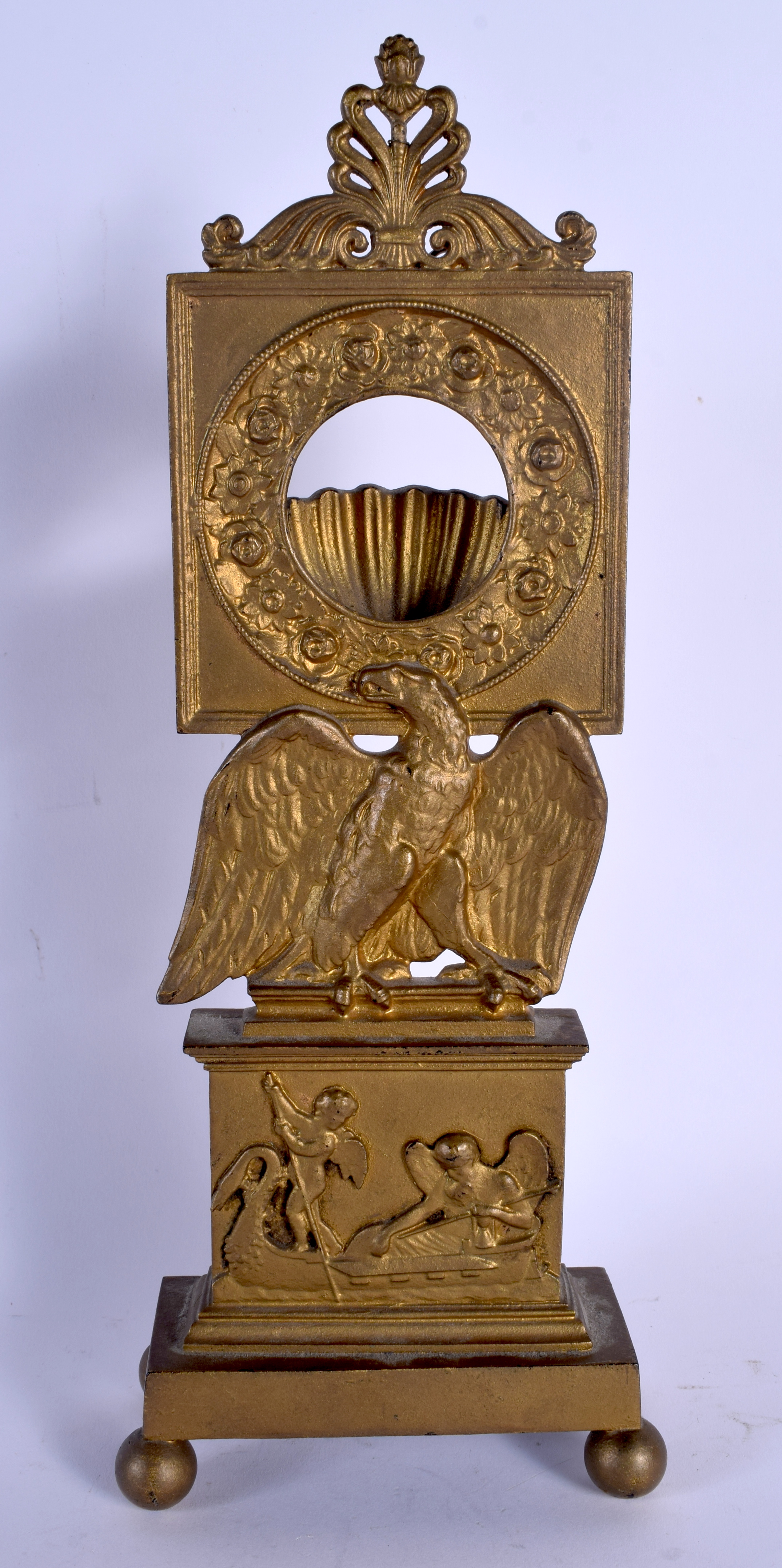 A 19TH CENTURY FRENCH BRONZE POCKET WATCH HOLDER formed with a winged bird. 32 cm x 9 cm.