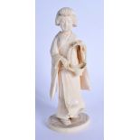 A 19TH CENTURY JAPANESE MEIJI PERIOD CARVED IVORY FIGURE OF A GEISHA modelled holding a basket. 17 c