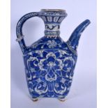 A TURKISH MIDDLE EASTERN BLUE AND WHITE WATER FLASK painted with foliage and vines. 24 cm x 10 cm.