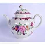 18th c. Worcester teapot and cover painted in Chinese export style with flowers and a pink diaper bo