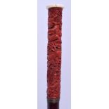 A 19TH CENTURY CHINESE CARVED CINNABAR LACQUER WALKING CANE Late Qing/Republic. 88 cm long.