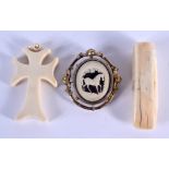 AN ANTIQUE CARVED IVORY HORSE BROOCH etc. (3)