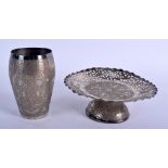 AN ANTIQUE PERSIAN SILVER BEAKER and matching tazza. 305 grams. (2)