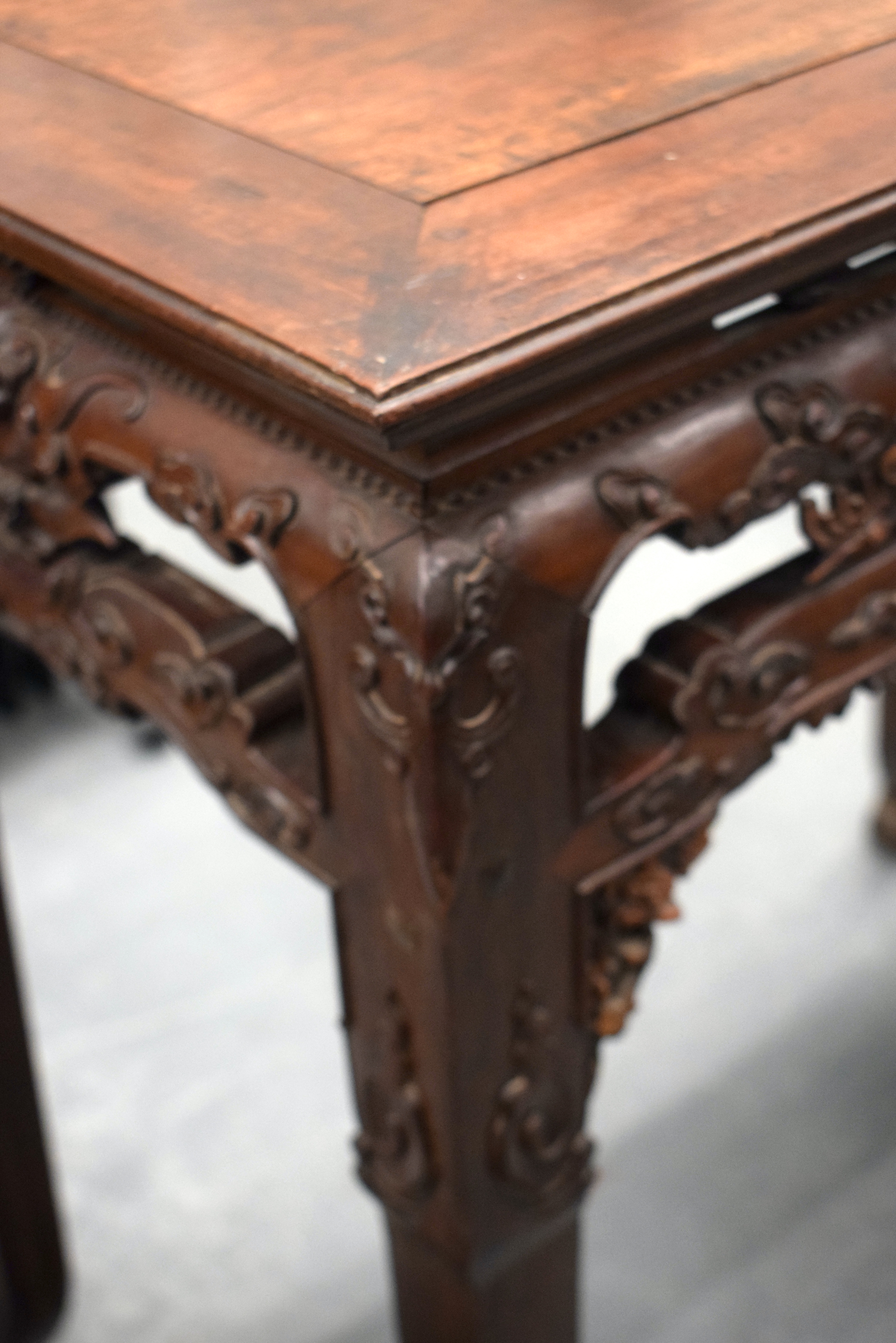 A FINE 19TH CENTURY CHINESE CARVED HONGMU HARDWOOD TABLE Qing, carved with mask heads and extensive - Image 3 of 8