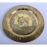A LOVELY EARLY VICTORIAN SILVER GILT ENGRAVED PLATE wonderfully decorated with figures merry making