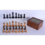 AN ANTIQUE STAUNTON BOXWOOD AND EBONY JAQUES OF LONDON CHESS SET. Largest 8.5 cm high. (qty)