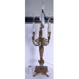 A LARGE 19TH CENTURY FRENCH BRONZE AND RED MARBLE CANDLEABRA LAMP decorated with mask heads and urns