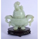 AN EARLY 20TH CENTURY CHINESE TWIN HANDLED JADE CENSER AND COVER Late Qing/Republic. Jade 19 cm x 17
