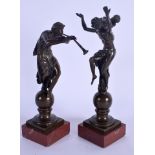 A PAIR OF 19TH CENTURY EUROPEAN BRONZE GRAND TOUR FIGURES modelled upon a red marble base. Bronze 16