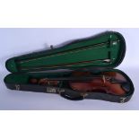 A TWO PIECE BACK VIOLIN with two bows. 59 cm long. (3)