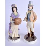 Royal Worcester pair of figures of the Regency Lady and Gentleman, black mark. 22cm high (2)
