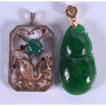 TWO CHINESE APPLE JADEITE PENDANTS. Largest 4.5 cm x 2.75 cm. (2)