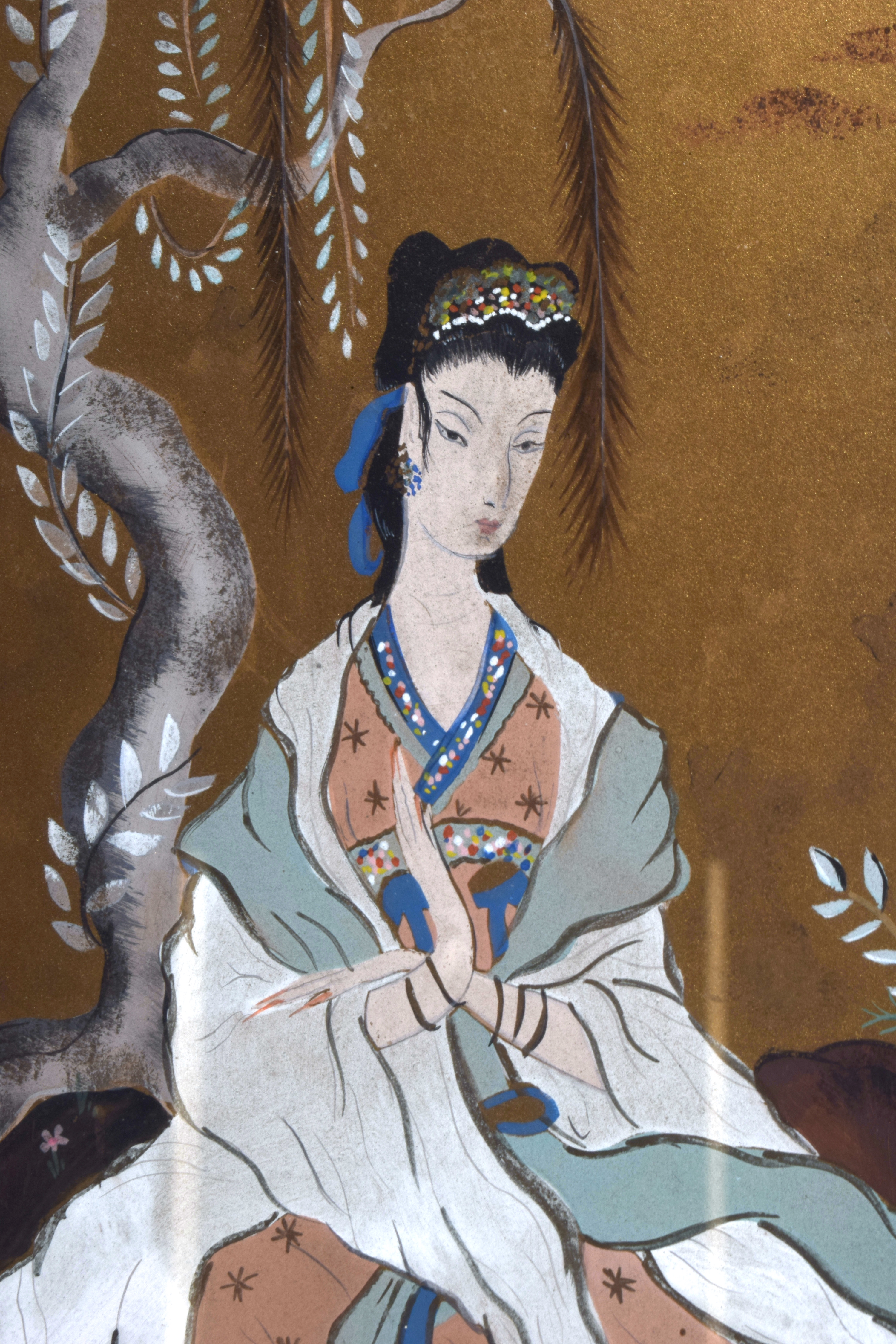 AN EARLY 20TH CENTURY CHINESE WATERCOLOUR depicting a geisha and another within landscape. Image 103 - Image 2 of 4