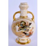 Royal Worcester vase with ivory ground painted with birds by Charley Baldwyn c.1880. 13.5cm high