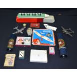 Miscellaneous collection vintage model planes, cards Kaleidoscopes ans a melodica.