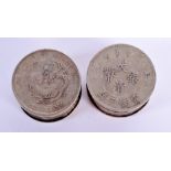 TWO CHINESE WHITE METAL COIN BOXES. (2)