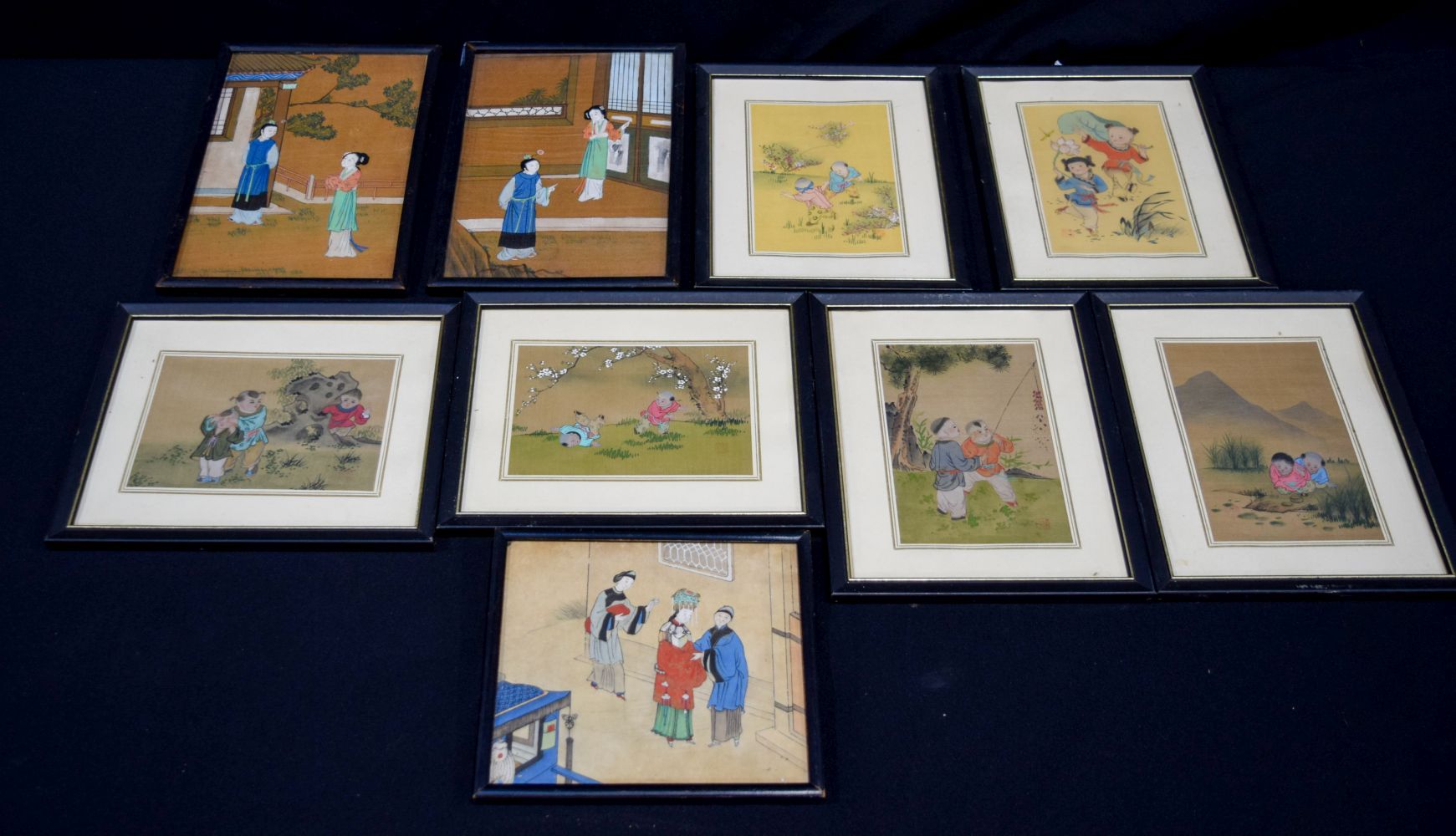 A collection of framed Chinese watercolours 23 x 28 cm (9).