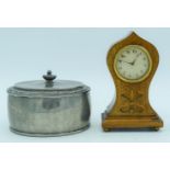 A Liberty & Co pewter lidded box together with a small mantle clock 14 x 7cm (2).