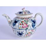 18th c. Worcester teapot and cover decorated in blue at the Worcester factory, the coloured flowers