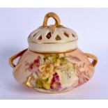 Royal Worcester blush ivory pot pourri with two cover painted with flowers c.1918, shape 1326. 10cm