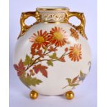 Royal Worcester two handled moon flask painted with flowers on an ivory ground date code 1890. 13cm