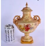 Royal Worcester fine two handle mask-headed vase with moulded decoration painted with flowers on a b