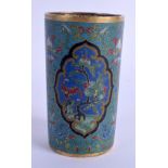 AN 18TH CENTURY CHINESE CLOISONNE ENAMEL BRUSH POT Late Qing, decorated with landscapes and trailing