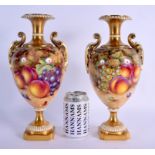 A FINE PAIR OF ROYAL WORCESTER TWIN HANDLED PORCELAIN VASES by Freeman, wonderfully painted with pea