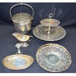 A collection of Silver plated items, ice bucket, cake stand etc Qty.