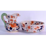 A LARGE ANTIQUE MASONS TYPE IMARI WASH JUG AND BASIN decorated with flowers. Basin 25 cm wide, Jug 2
