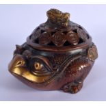 A CHINESE BRONZE CENSER AND COVER 20th Century, formed as a seated toad. 17 cm x 13 cm.
