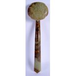 AN EARLY 20TH CENTURY CHINESE CARVED GREEN JADE RUI SCEPTRE Late Qing/Republic, the terminal carved