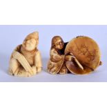 A 19TH CENTURY JAPANESE MEIJI PERIOD CARVED BONE NETSUKE together with another. Largest 3.5 cm x 3.