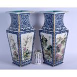A LARGE PAIR OF CHINESE PORCELAIN SQUARE FORM VASES 20th Century, decorated with birds. 44 cm x 14 c