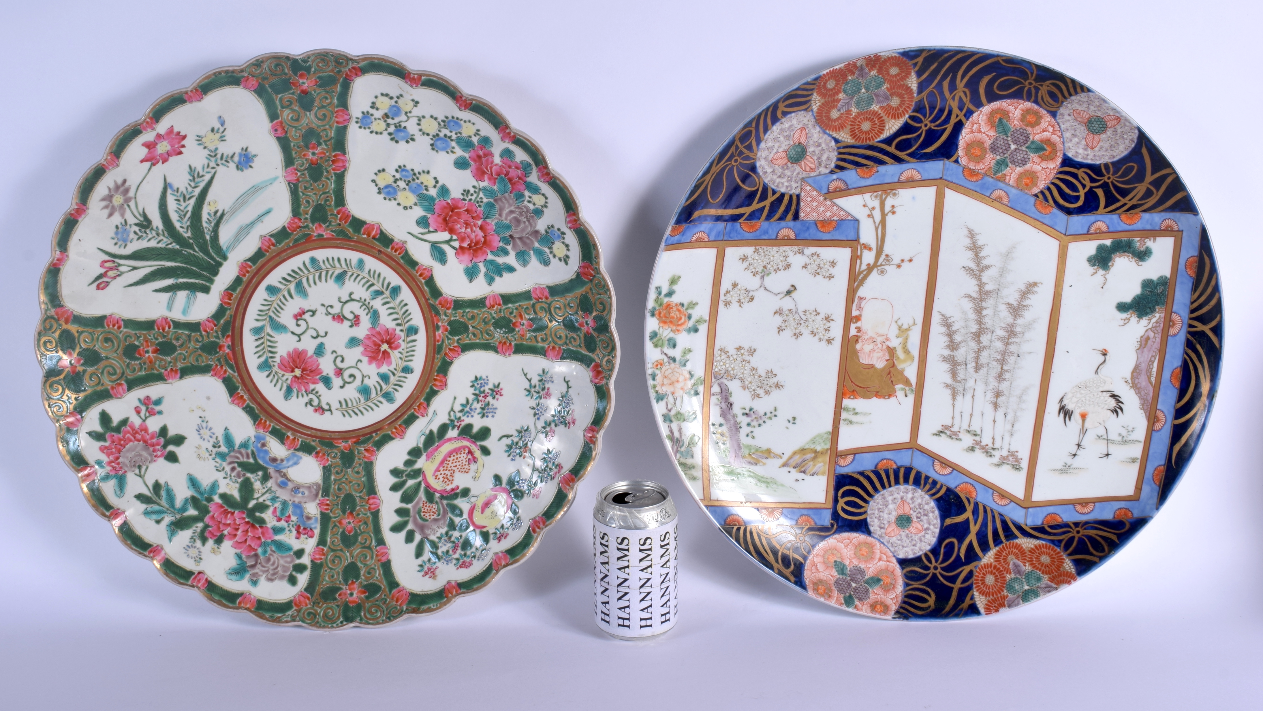 TWO LARGE 19TH CENTURY JAPANESE MEIJI PERIOD PORCELAIN CHARGERS. 48 cm wide. (2)