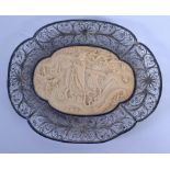 A LOVELY 19TH CENTURY JAPANESE MEIJI PERIOD CARVED IVORY AND SILVER DISH decorated with a figure an