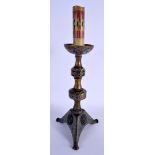 A 15TH/16TH CENTURY FRENCH BRONZE AND CHAMPLEVE LIMOGES CANDLESTICK decorated with openwork panels o