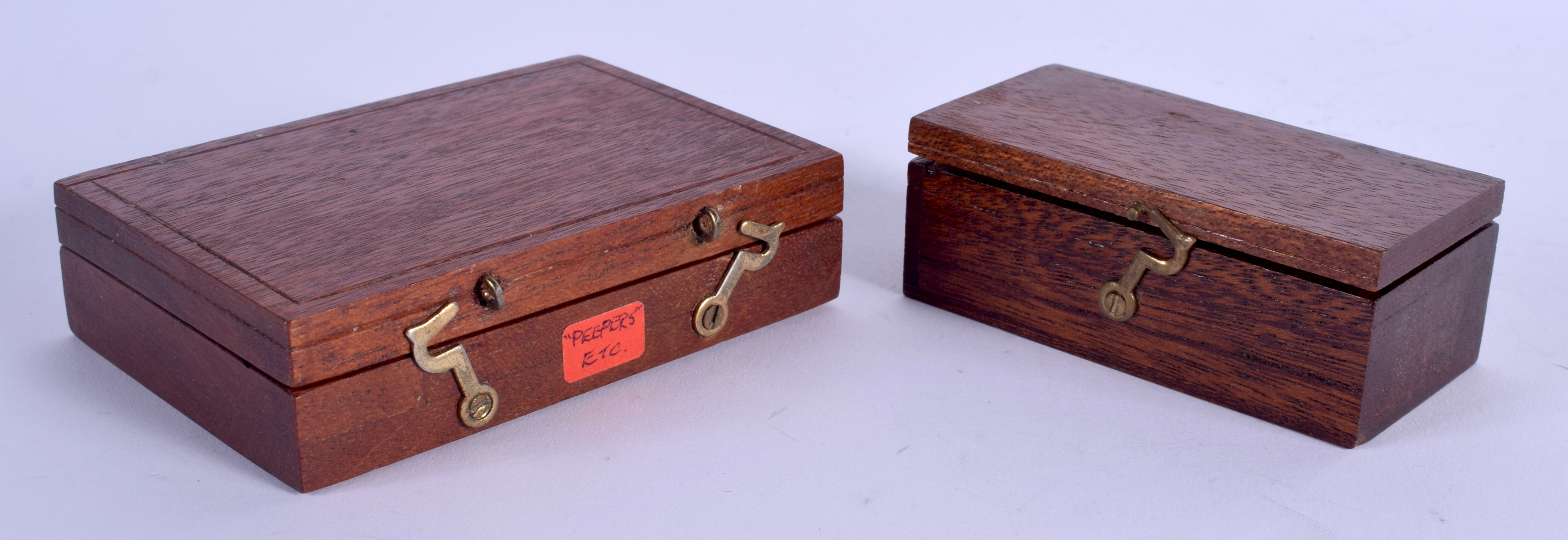 TWO LOVELY ANTIQUE MINIATURE TREEN BOXES containing miniature artefacts, including a magnifying glas - Image 2 of 3