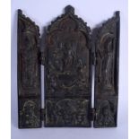 A 19TH CENTURY EUROPEAN FOLDING BRONZE ICON decorated with figures. 30 cm x 37 cm extended.