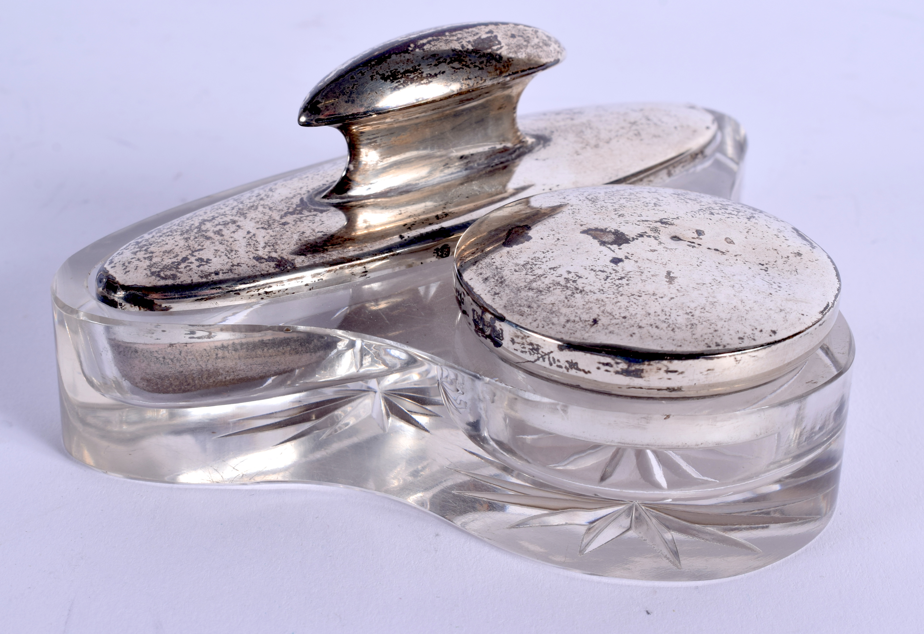 AN ANTIQUE SILVER AND GLASS DESK STAND. Birmingham 1911. Silver 49 grams. 10.5 cm x 3 cm.