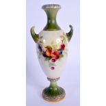 Royal Worcester two handled vase painted with fruit date code for 1907. 16cm high