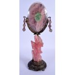 AN EARLY 20TH CENTURY CHINESE CARVED ROSE QUARTZ AND JADEITE LAMP Late Qing/Republic. Largest 24 cm