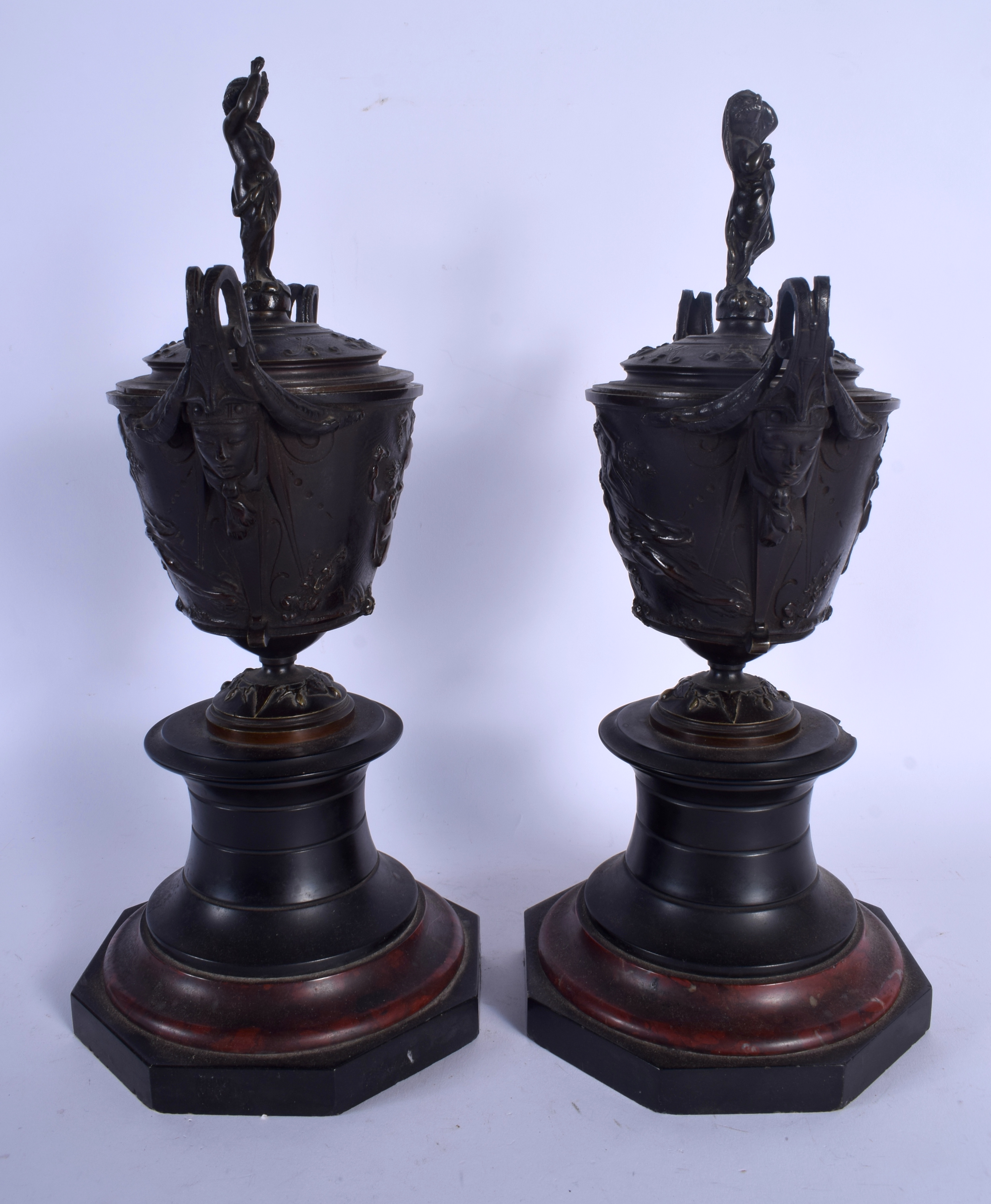 A PAIR OF 19TH CENTURY EUROPEAN GRAND TOUR BRONZES AND COVERS upon red and black marble bases. 34 cm - Image 4 of 6