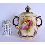 Royal Worcester Hadley’s style two handled vase and cover painted with roses by W.H. Austin date cod